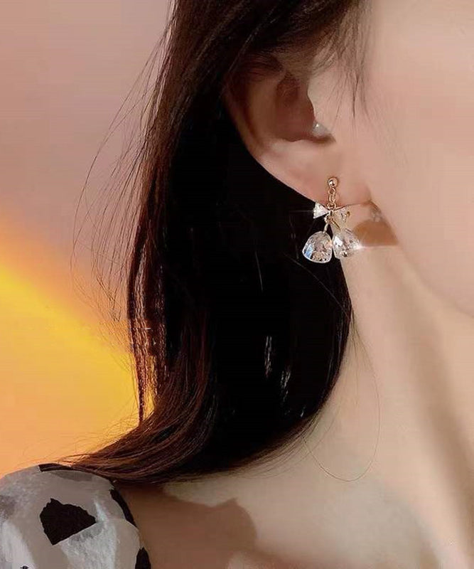 Gold Copper Overgild Zircon Bow Bell Drop Earrings
