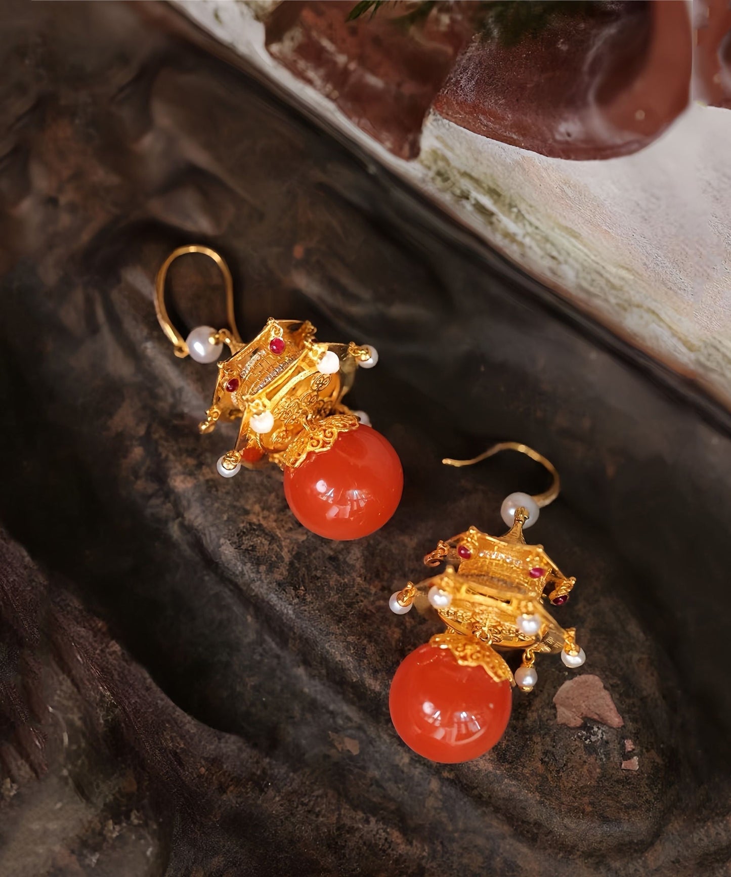 Red Sterling Silver Overgild Agate Pearl Pavilion Drop Earrings