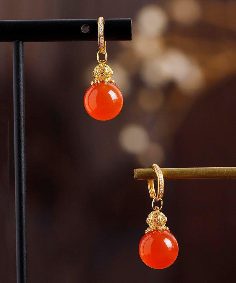 Red Sterling Silver Overgild Zircon Inlay Agate Drop Earrings