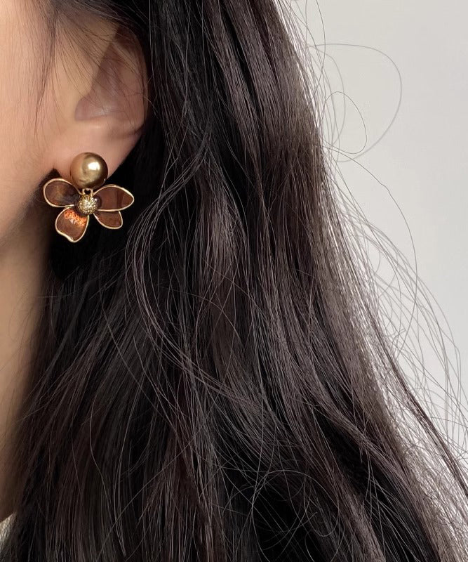 Coffee Copper Overgild Pearl Stud Earrings
