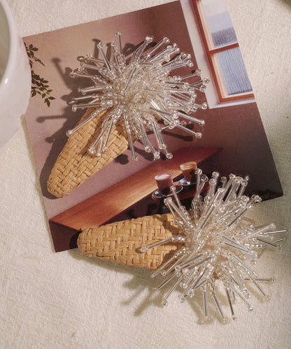 Handmade Yellow Alloy Straw Weaving Crystal Suede Fireworks a Pair Hairpin