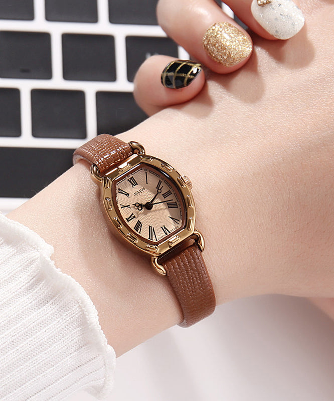 Coffee Leather Alloy Patchwork Tempered Glass Watch