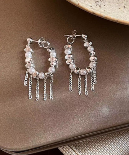 White Copper Silver Plating Pearl Tassel Drop Earrings