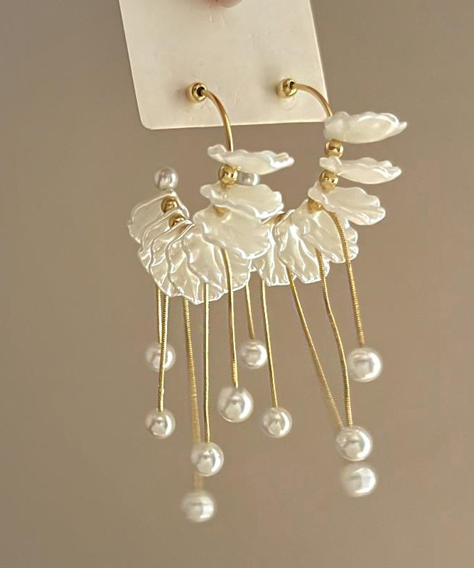 Gold Copper Alloy Pearl Petals Tassel Drop Earrings