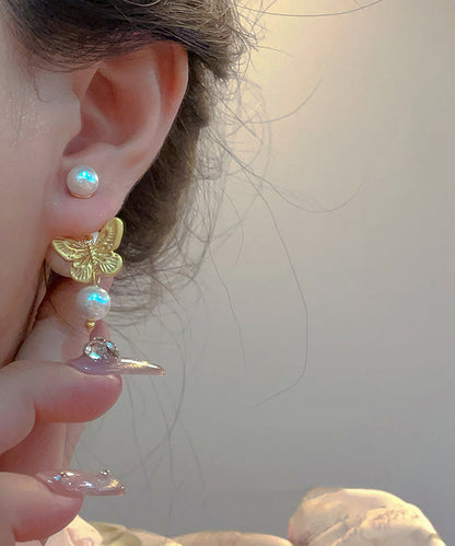 Gold Sterling Silver Overgild Pearl Butterfly Stud Earrings