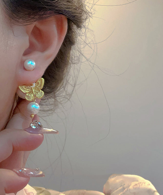 Gold Sterling Silver Overgild Pearl Butterfly Stud Earrings