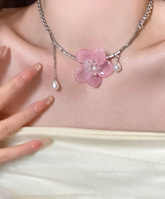 Retro Pink Stainless Steel Pearl Tassel Pendant Necklace