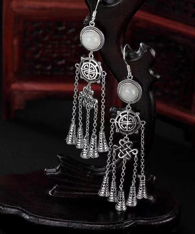 Jade Patchwork Tassel Silver Drop Earrings