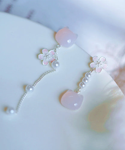 Brief Pink Sterling Silver Asymmetry Pearl Cats Tassel Drop Earrings