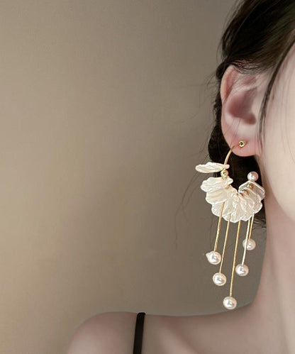 Gold Copper Alloy Pearl Petals Tassel Drop Earrings