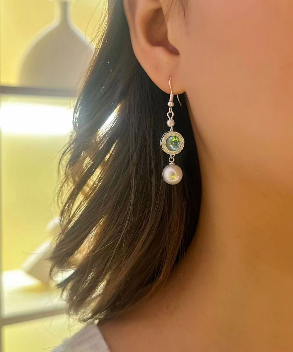 Blue Copper Overgild Inlaid Zircon Crystal Pearl Tassel Drop Earrings