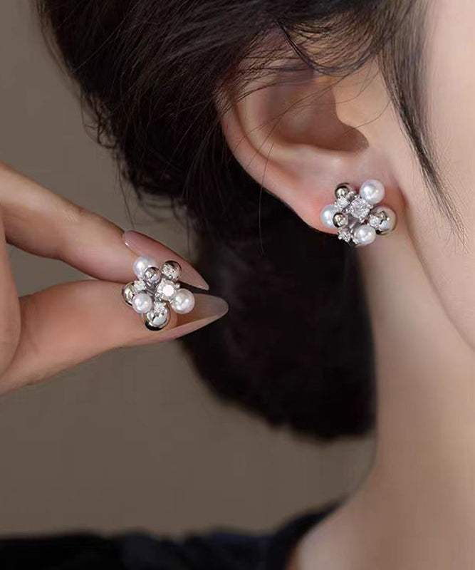 Colorblock Copper Zircon Pearl Stud Earrings