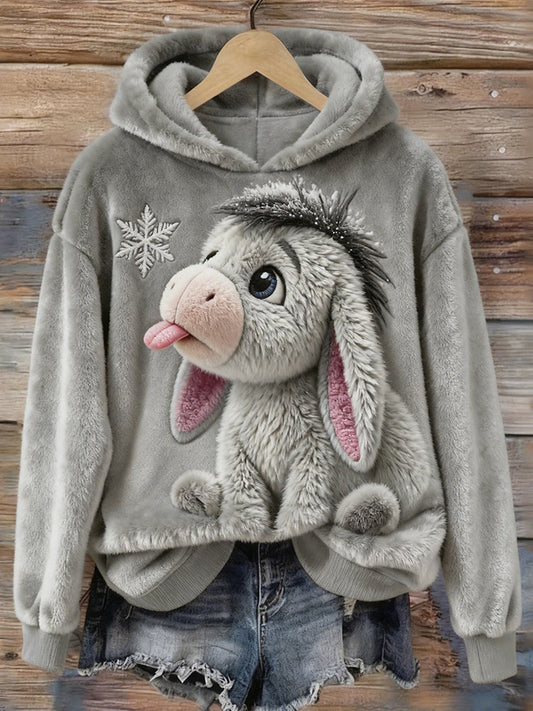 Comstylish Cute Baby Donkey & Snowflake Embroidered Cozy Plush Hoodie