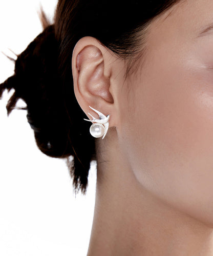 Original Design Little Bird Pearl Silver Stud Earrings