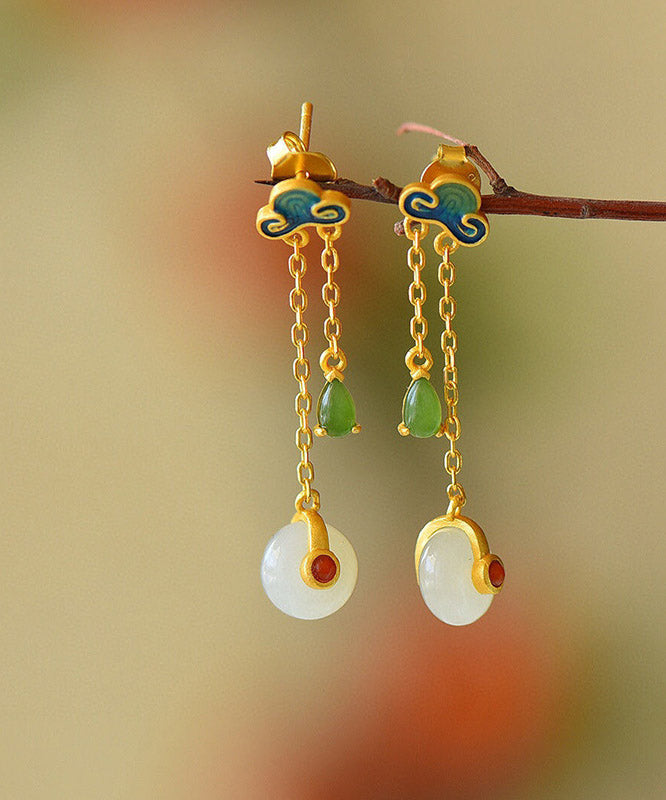 Yellow Overgild Jade Agate Auspicious Clouds Drop Earrings