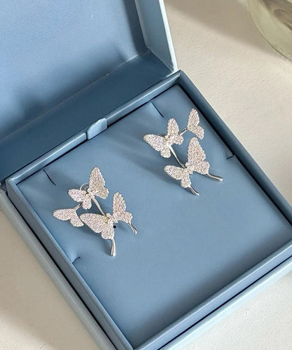 Modern Silk Sterling Silver Zircon Butterfly Stud Earrings