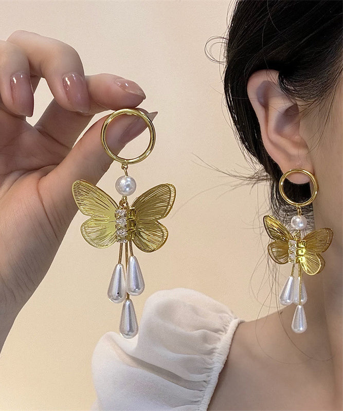 Gold Copper Zircon Pearl Butterfly Hollow Out Water Drop Drop Earrings