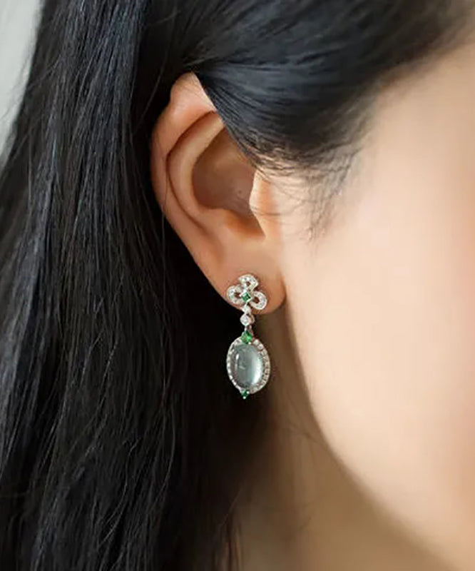 Green Sterling Silver Zircon Jade Stud Earrings