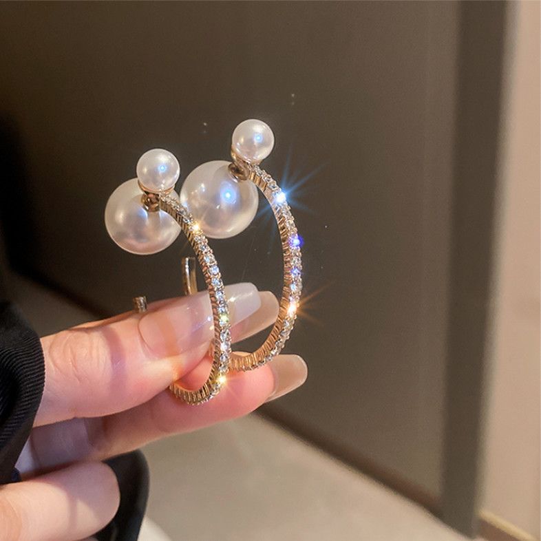 Gold Sterling Silver Alloy Zircon Pearl Hoop Earrings