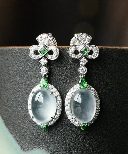 Green Sterling Silver Zircon Jade Stud Earrings