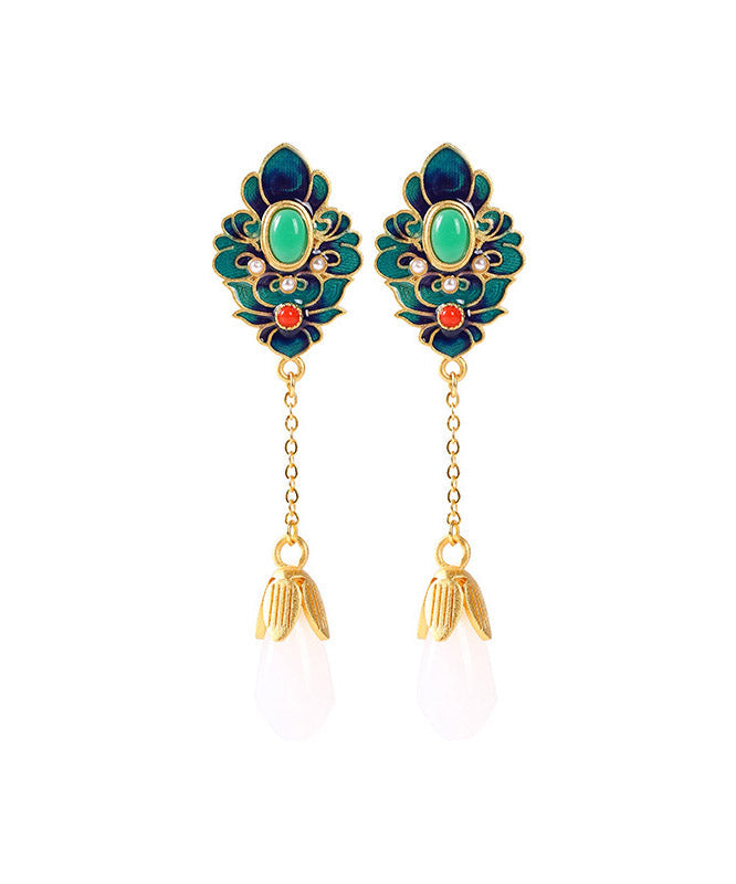Blue Jade Enamel Agate Orchid Drop Earrings