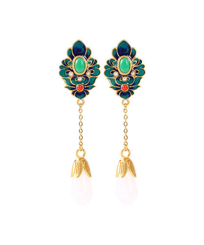 Blue Jade Enamel Agate Orchid Drop Earrings