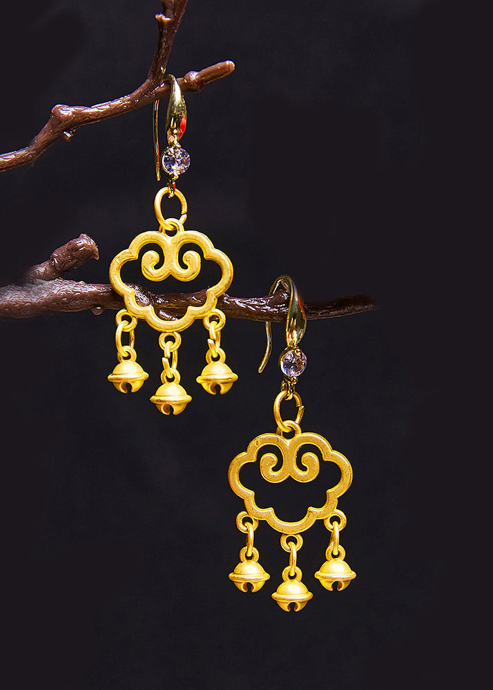 Stylish Auspicious Clouds Small Bell 14k Gold Drop Earrings