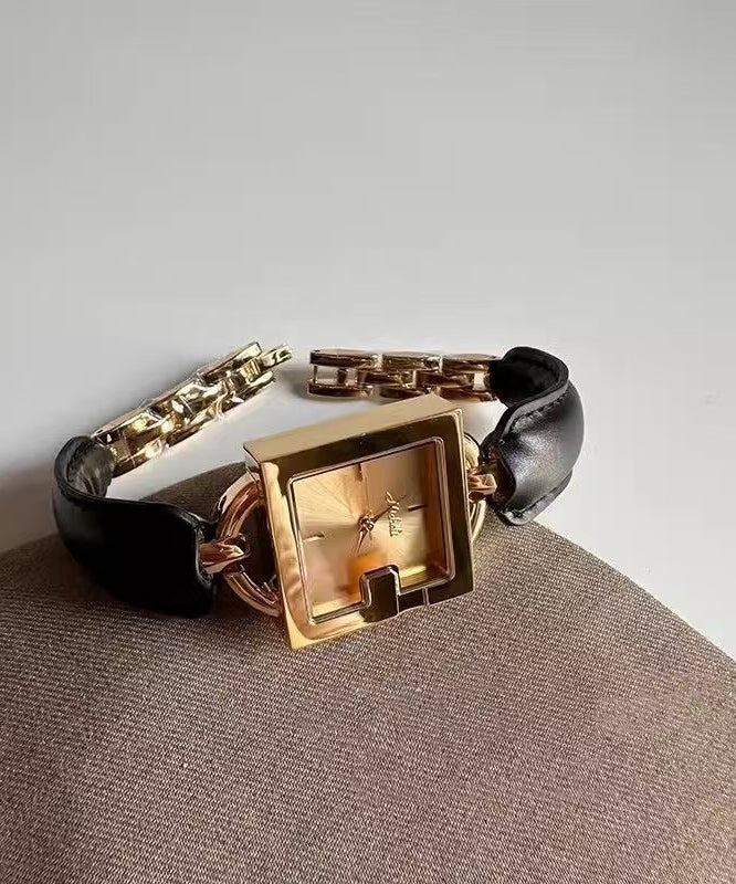 Brown Gold Leather Patchwork Chain Quartz Movement Square Watches