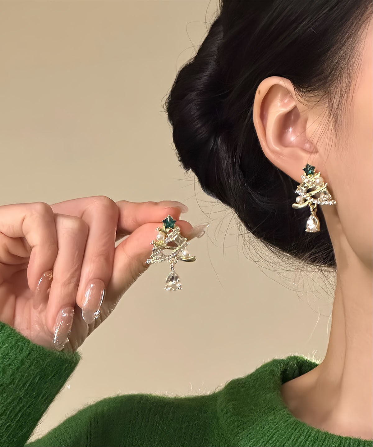 New Gold Copper Alloy Zircon Christmas Tree Water Droplet Drop Earrings