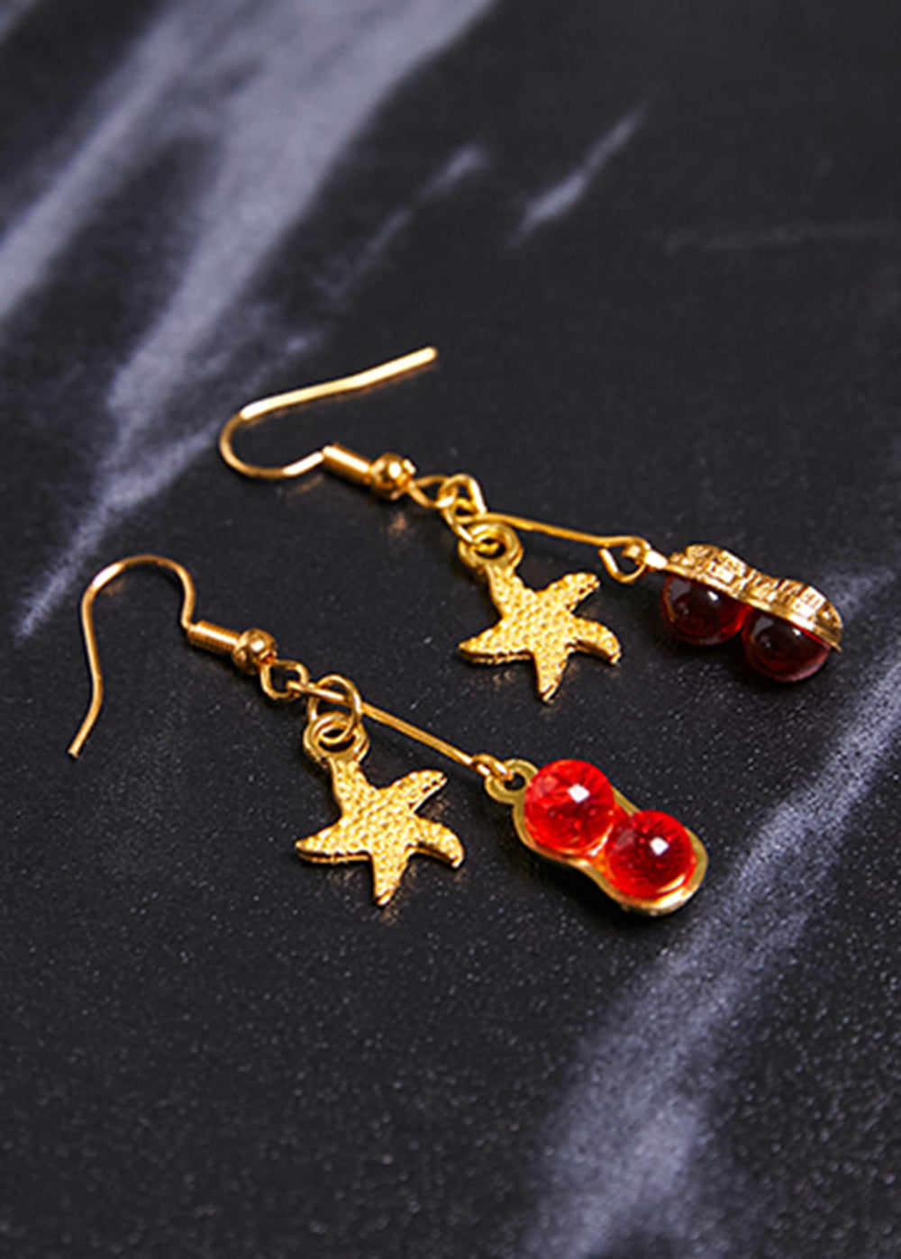Red Gem Stone Starfish 14k Gold Drop Earrings