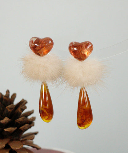 Orange Plastics Resin Fuzzy Ball Decorated Drop Earrings