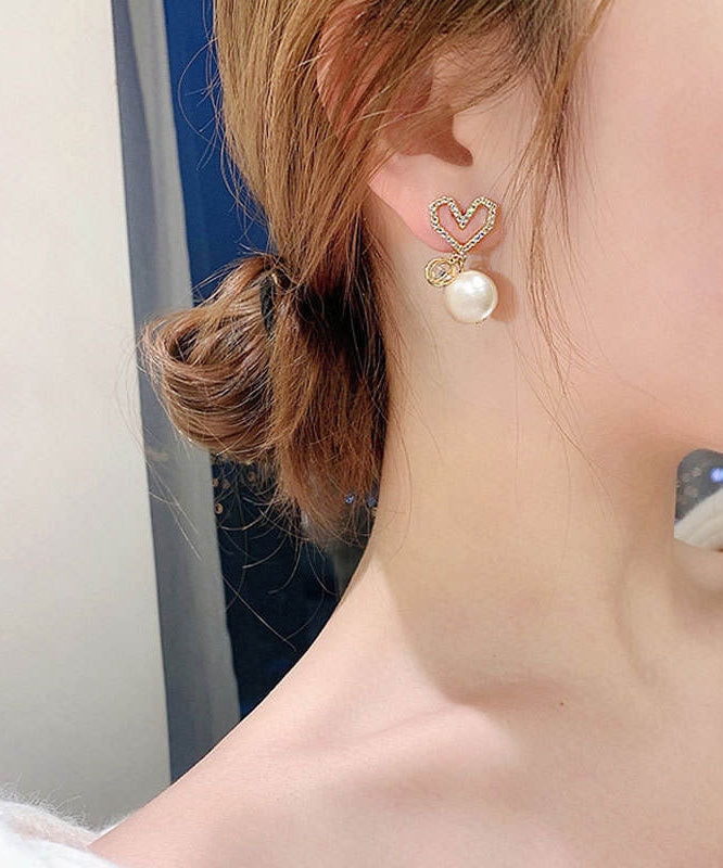 Gold Sterling Silver Alloy Zircon Love Pearl Drop Earrings