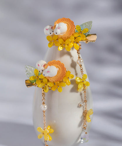 Retro Yellow Copper Overgild Pearl Colored Glaze Resin Tassel Kids Hairpin