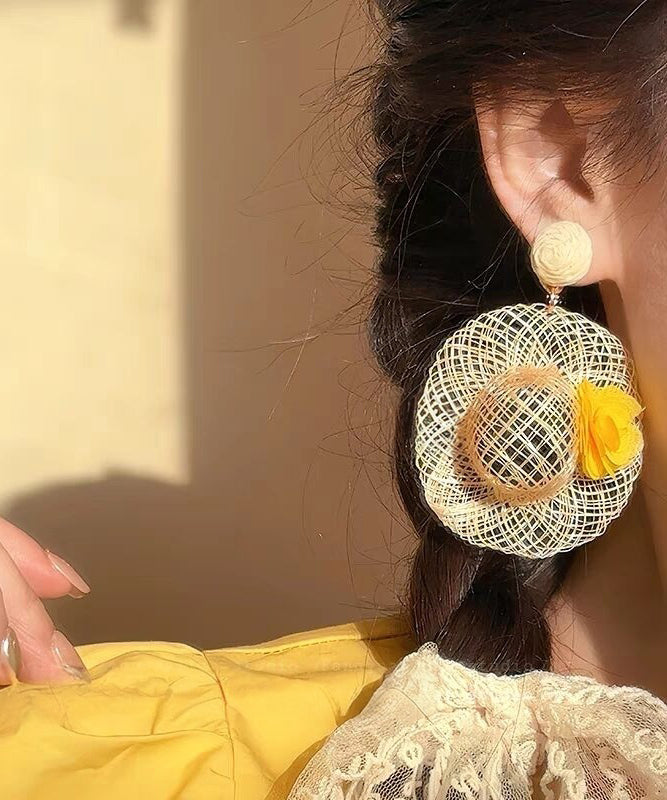 Vogue Beige Weave Straw Hat Drop Earrings
