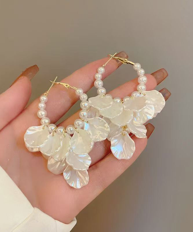Classy White Alloy Pearl Resin Shell Hoop Earrings