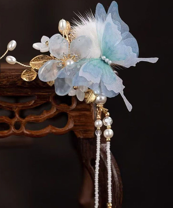 Chinese Style Blue Alloy Zircon Resin Butterfly Beading Tassel a Pair Hairpin