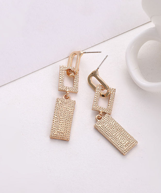 Gold Sterling Silver Zircon Hollow Out Rectangle Tassel Drop Earrings