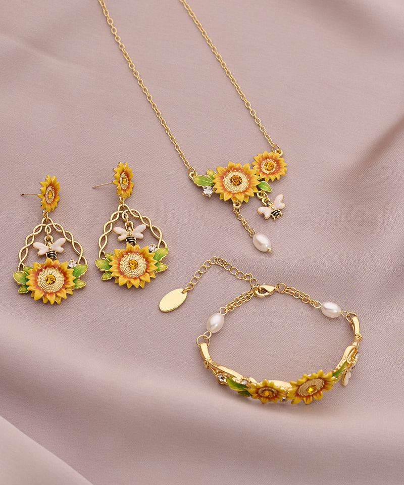 Gold Zircon Sunflower Pearl Tassel Lariat Necklace Bracelet and Drop Earrings Three Piece Set