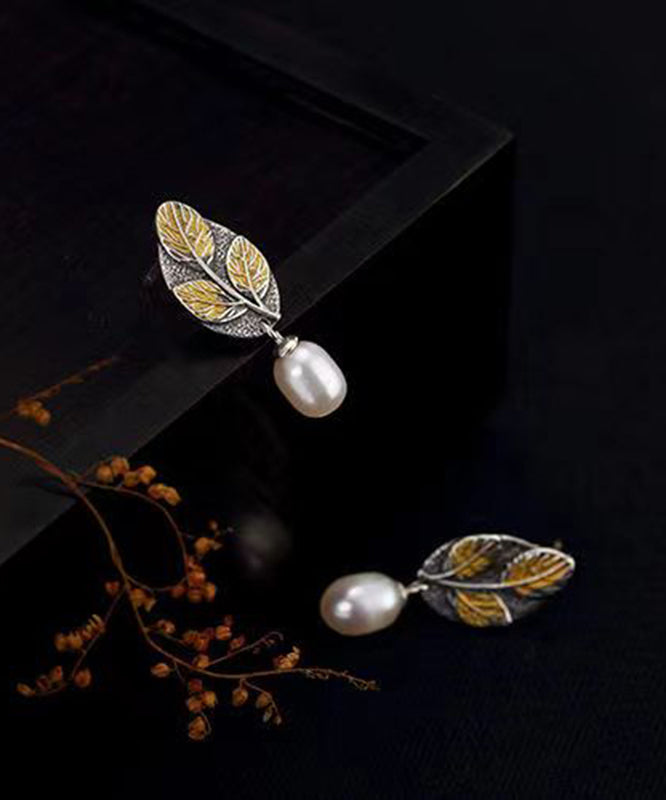Colorblock Sterling Silver Pearl Leaf Drop Earrings