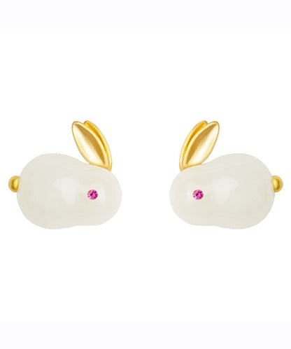Art White Sterling Silver Overgild Jade Rabbit Stud Earrings