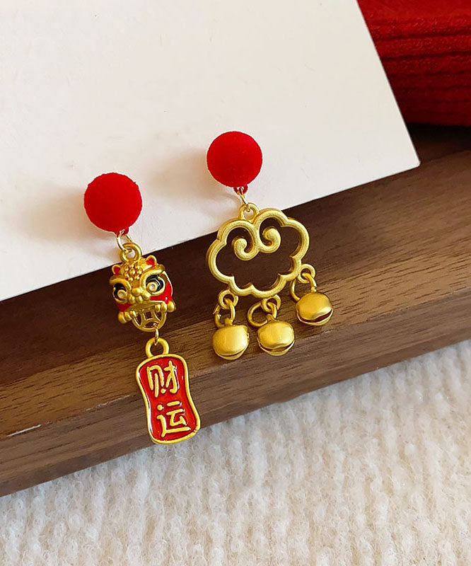 Red Sterling Silver Overgild Asymmetric Lion Dance Auspicious Clouds Tassel Drop Earrings