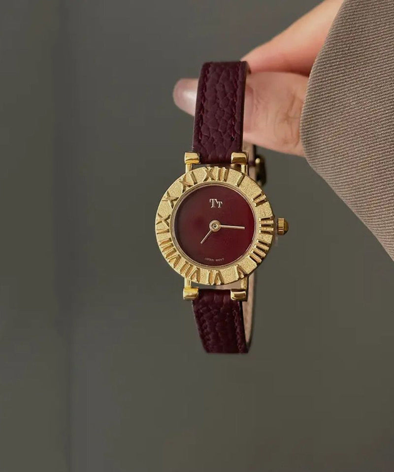 Red Stainless Steel Leather Hardlex Crystal Watches
