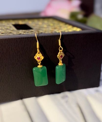 Green Sterling Silver Square Jade Drop Earrings