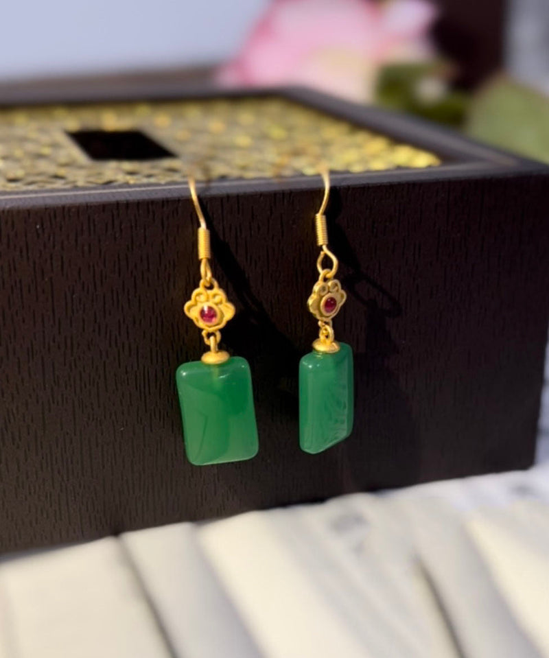 Green Sterling Silver Square Jade Drop Earrings