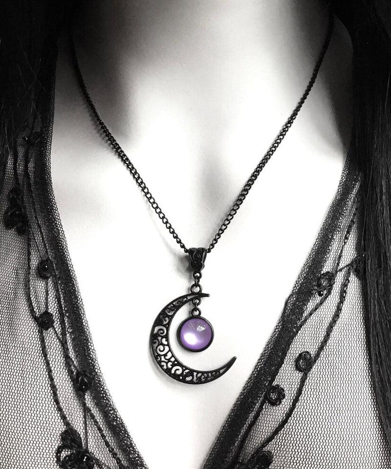 Original Purple Alloy Crystal Moon Hollow Out Pendant Necklace