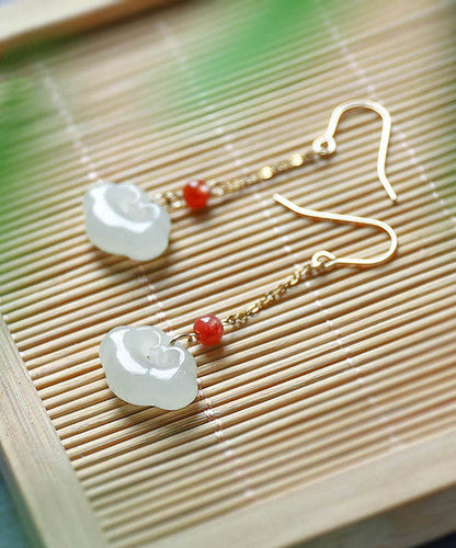 Art White 18k Gold Jade Ruyi Agate Drop Earrings