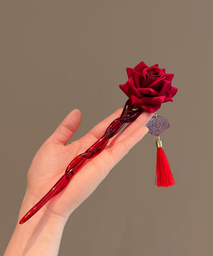 Red Rose Coloured Glaze Tassel Hairpin