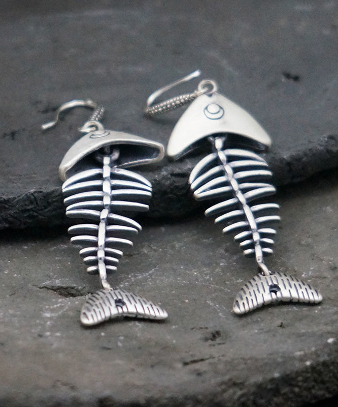 Silk Silver Fish Bone Drop Earrings