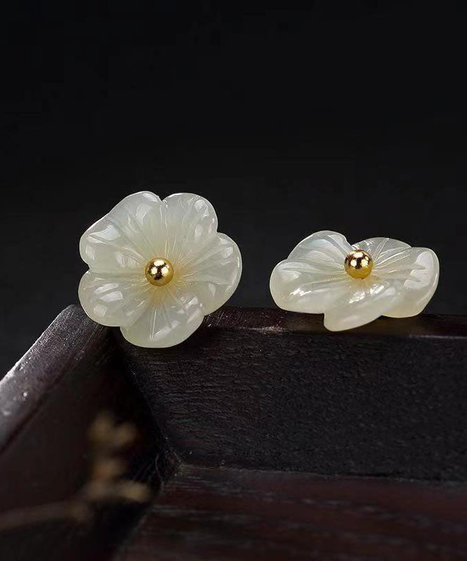 Simple White Sterling Silver Inlaid Jade Stud Earrings