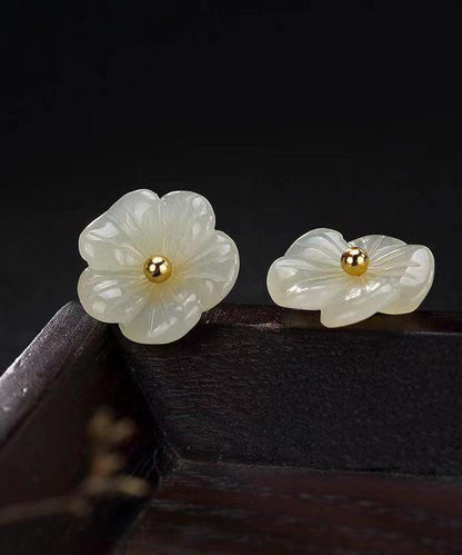 Simple White Sterling Silver Inlaid Jade Stud Earrings